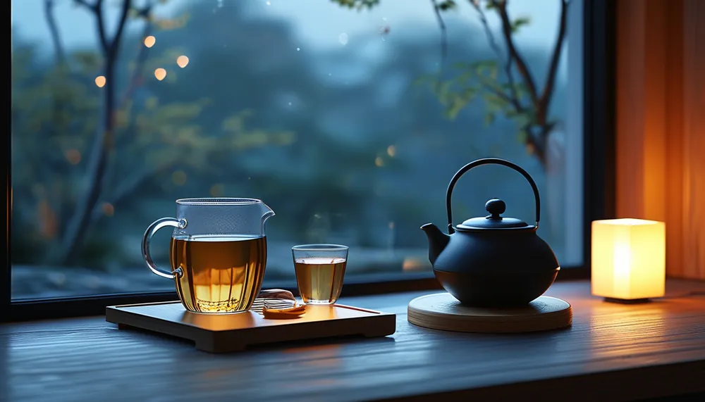 Cozy evening self-care scene with tea and soft lighting